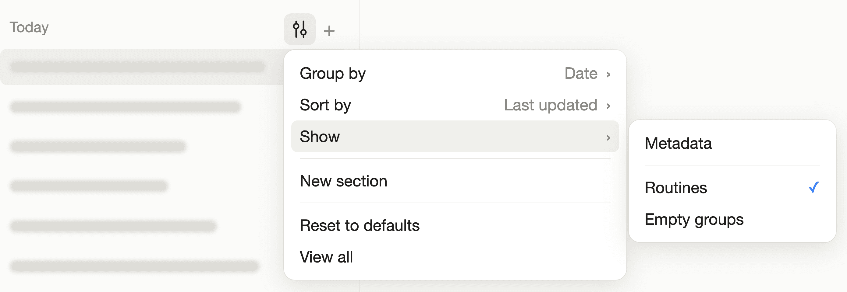 Settings menu of the session list: Group by, Sort by and Show, with the Metadata submenu, Routines ticked and Empty groups