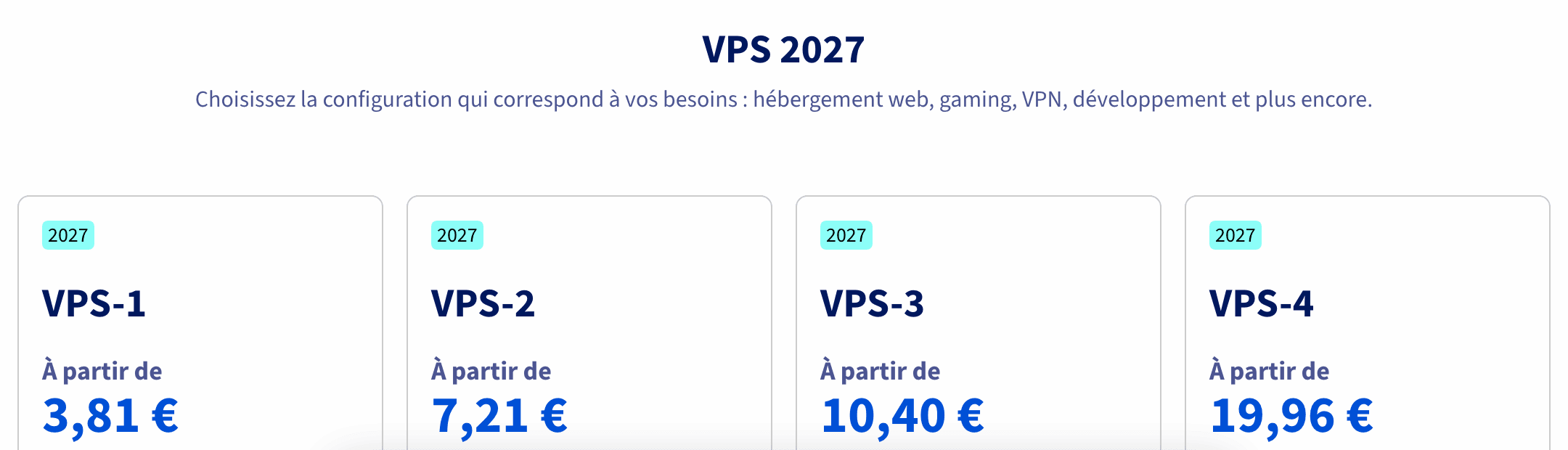 Offres VPS d'OVHcloud : VPS-1 à partir de 3,81 €, VPS-2 à 7,21 €, VPS-3 à 10,40 €, VPS-4 à 19,96 € hors taxes par mois