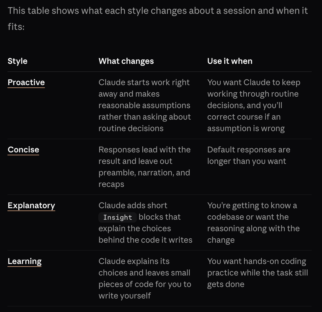 Tableau des styles de réponse de Claude Code dans sa documentation, dont Explanatory et Learning