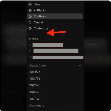 Barre latérale de Claude Code avec les entrées New, Artifacts, Routines, On-call et Customize, puis les sessions épinglées et la liste des sessions par date