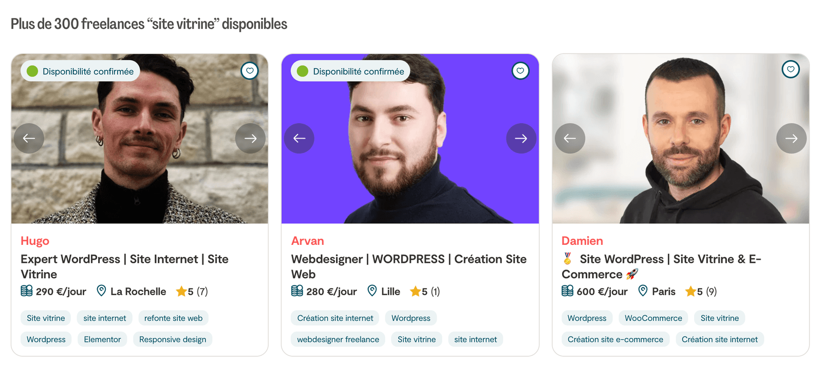 Résultats de recherche sur Malt pour « site vitrine » : plus de 300 freelances disponibles, avec leur tarif par jour, leur ville et leur note