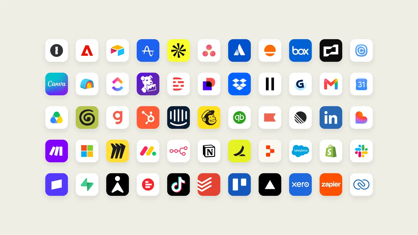 Grille d'icônes d'applications compatibles avec Claude : Canva, Gmail, HubSpot, LinkedIn, Notion, Shopify, Slack, Zapier, QuickBooks et d'autres