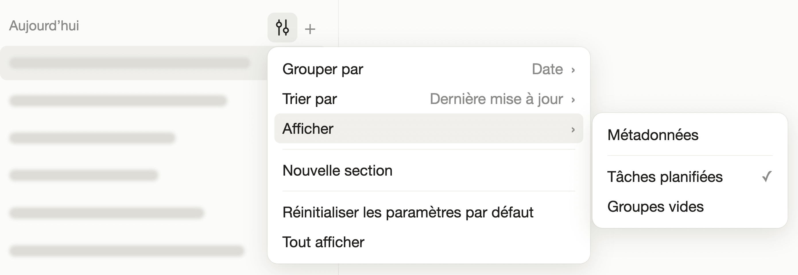 Menu de réglages de la liste des sessions : Grouper par, Trier par et Afficher, avec le sous-menu Métadonnées, Tâches planifiées coché et Groupes vides