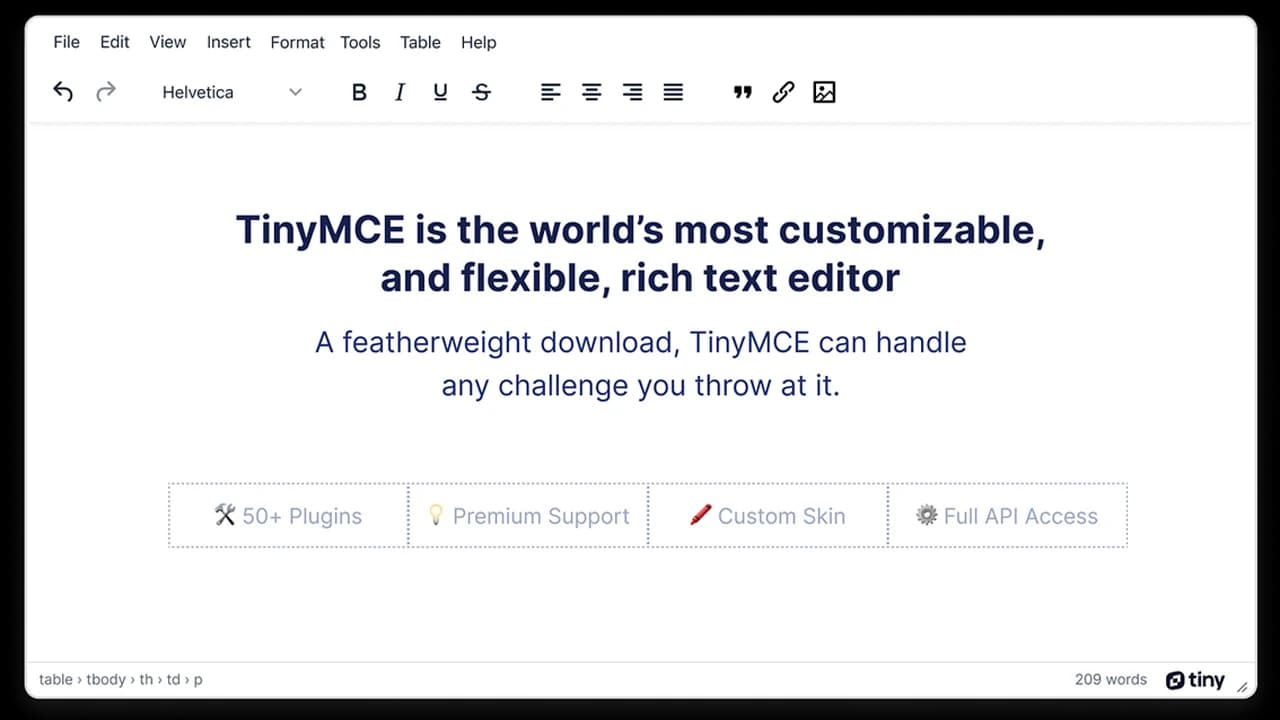 Example of an editor built with TinyMCE